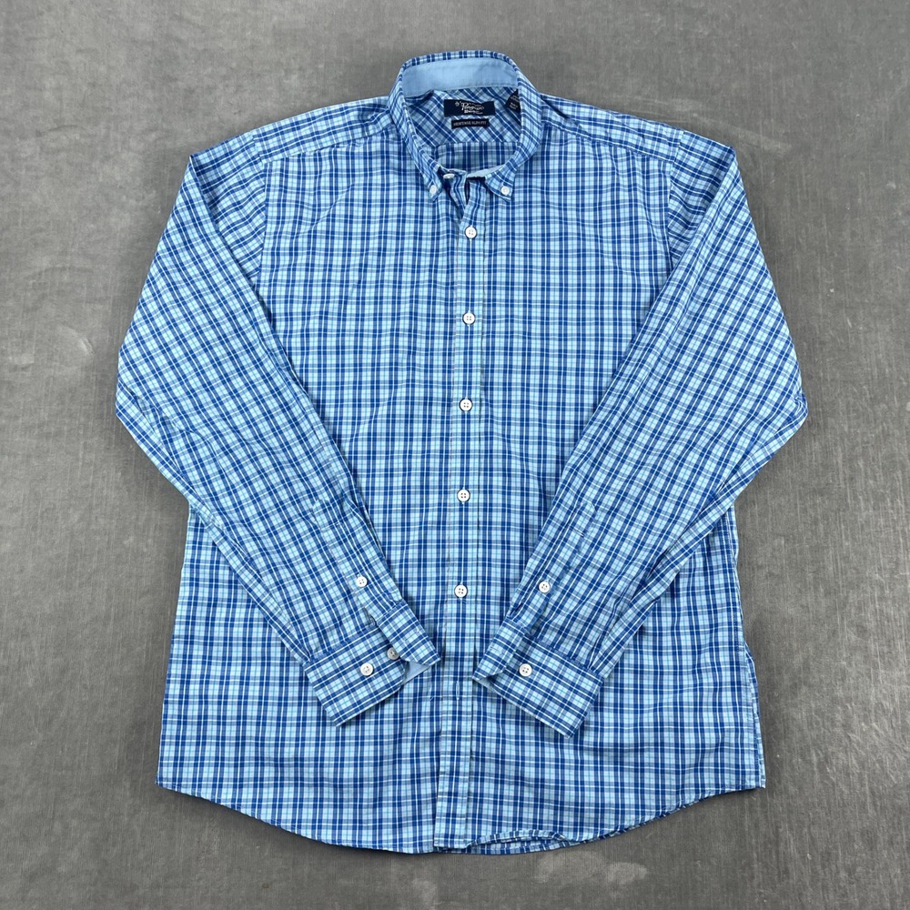 Original Penguin Mens Large Blue Plaid Button Down Heritage Slim Fit Shirt